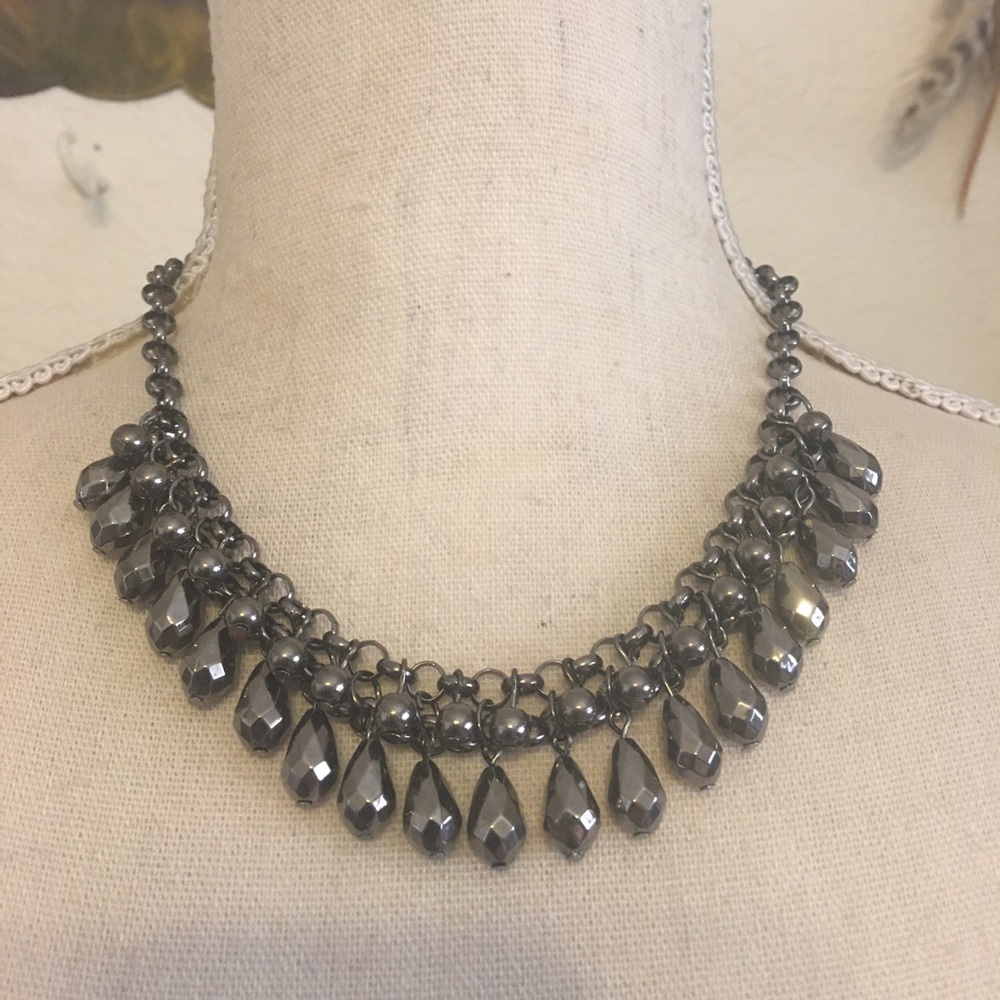 Shiny chrome tone faceted bead bib necklace